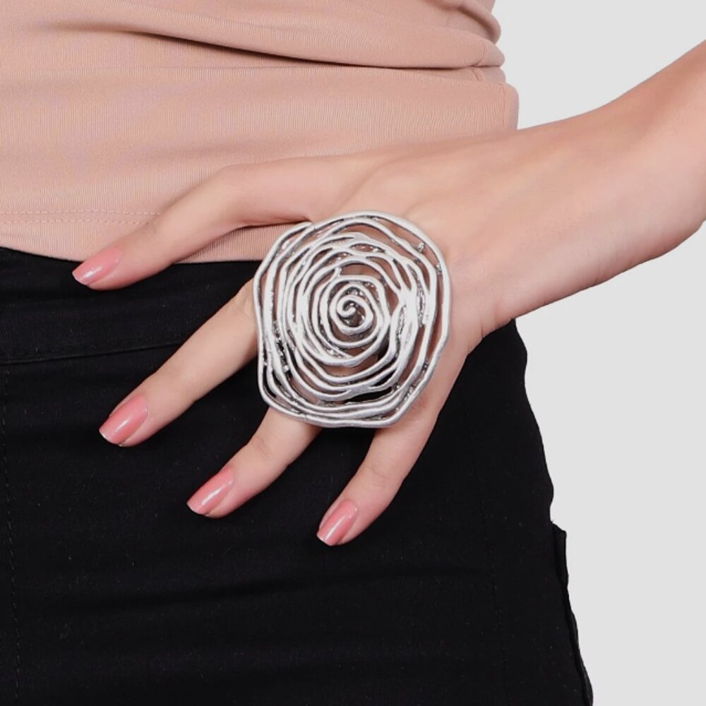 Oversized Brutalist Statement Ring – Adjustable Ring Size, Stylized Floral Rose - Picture 7 of 11